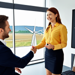 **Image:** A person confidently shaking hands with an interviewer in a modern office setting. The background subtly displays energy-related motifs (wind turbines, solar panels). The person looks enthusiastic and prepared. **Prompt:** Confident job applicant shaking hands with interviewer in energy sector, modern office, subtle energy motifs, enthusiastic expression.