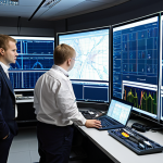 Russian engineers in a modern control room using ETAP software to simulate and analyze a complex power grid, showcasing real-time data visualization on large screens.