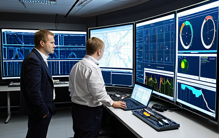 Russian engineers in a modern control room using ETAP software to simulate and analyze a complex power grid, showcasing real-time data visualization on large screens.