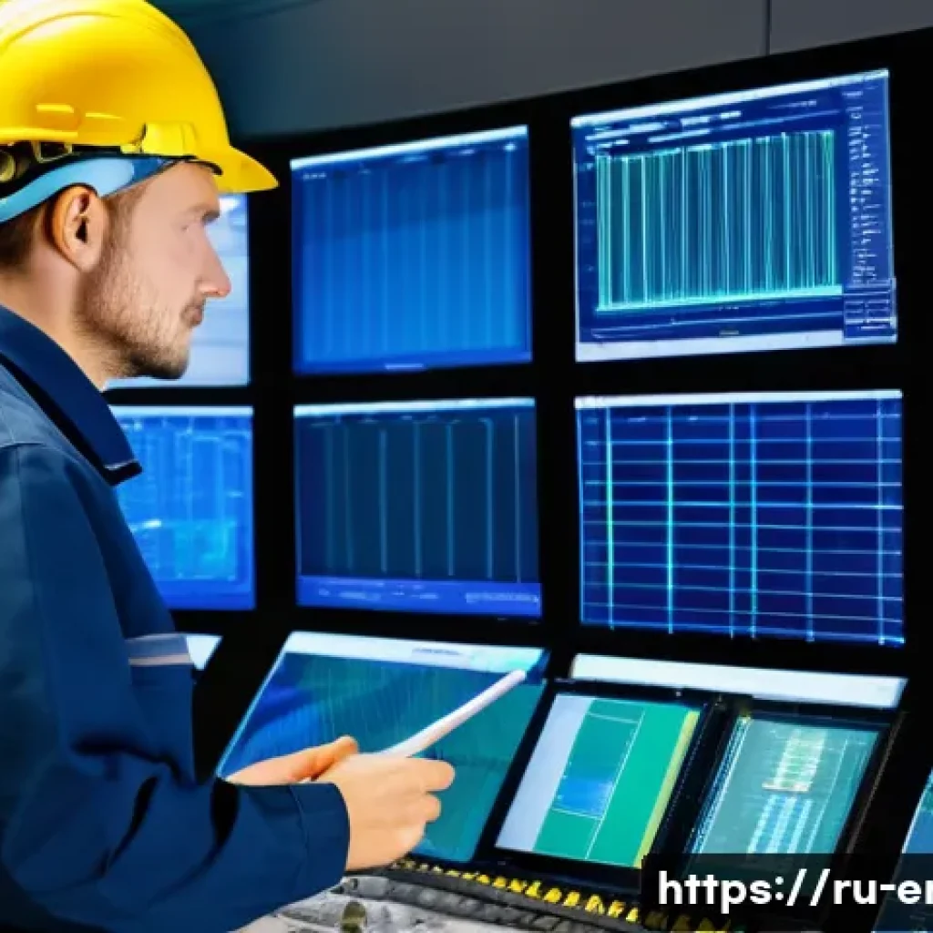 에너지 설비 유지보수 사례 - A detailed industrial scene inside a modern Russian power plant control room, engineers in professio...