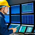 Home 22 에너지 설비 유지보수 사례 - A detailed industrial scene inside a modern Russian power plant control room, engineers in professio...