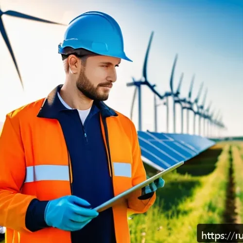 Home 33 에너지기술 직무 소개 - A modern renewable energy engineer inspecting a large solar panel array on a bright sunny day in a R...