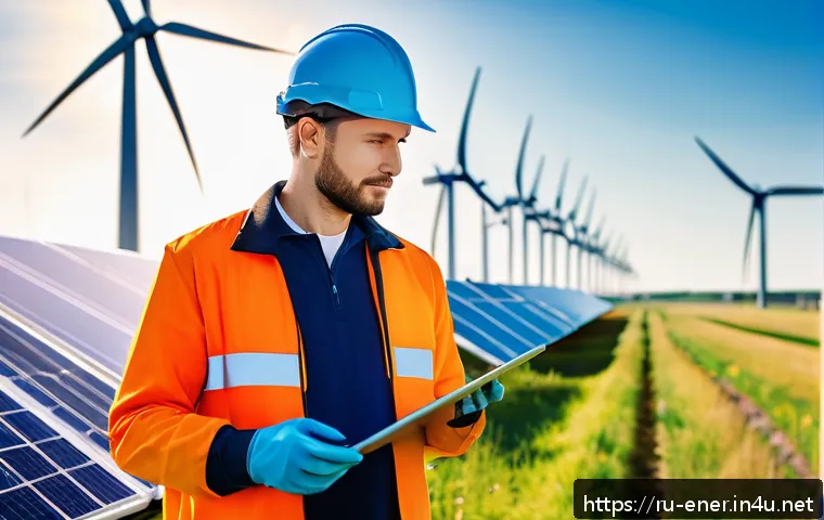 에너지기술 직무 소개 - A modern renewable energy engineer inspecting a large solar panel array on a bright sunny day in a R...