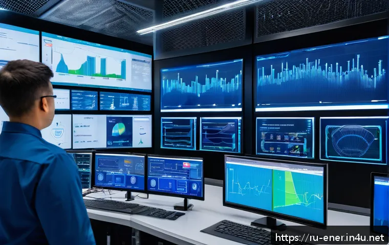 에너지 설비 진단 사례 연구 - A high-tech industrial energy facility control room with engineers monitoring real-time data from Io...