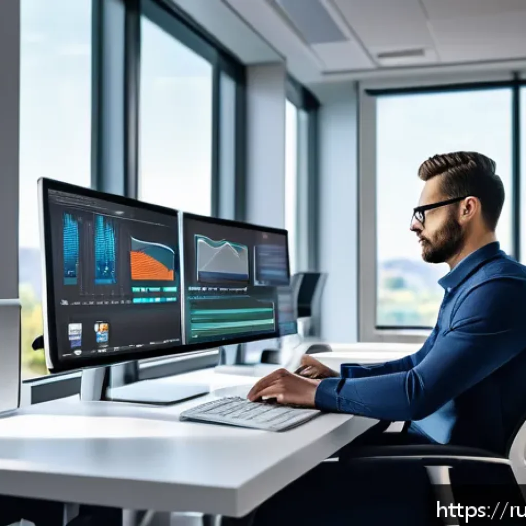에너지기술자의 하루 일과 - A modern energy engineer’s ergonomic workspace in a high-tech office setting, featuring a large desk...