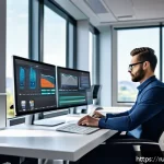 Home 23 에너지기술자의 하루 일과 - A modern energy engineer’s ergonomic workspace in a high-tech office setting, featuring a large desk...