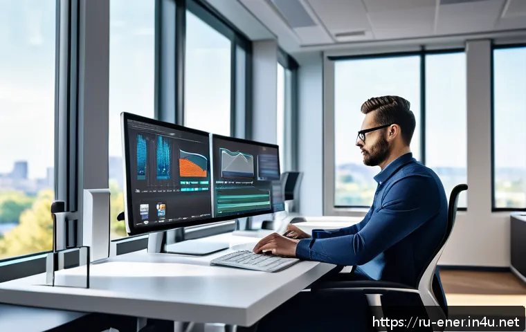 에너지기술자의 하루 일과 - A modern energy engineer’s ergonomic workspace in a high-tech office setting, featuring a large desk...
