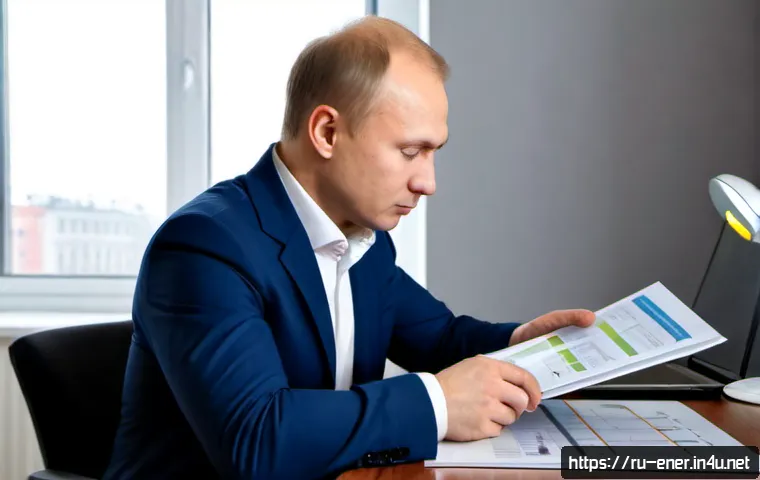 Home 17 에너지기술 실무 기술서 리뷰 - Photorealistic Russian energy engineer in a modern office reviewing a practical renewable energy tec...