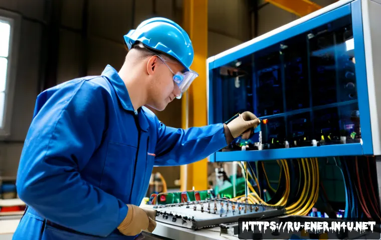 Home 17 에너지기술자 자격증 취득 방법 - Photorealistic Russian energy technician trainee in a clean vocational laboratory, wearing blue prot...